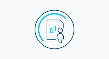Graphic icon of a person in front of a document with a rising chart on it.